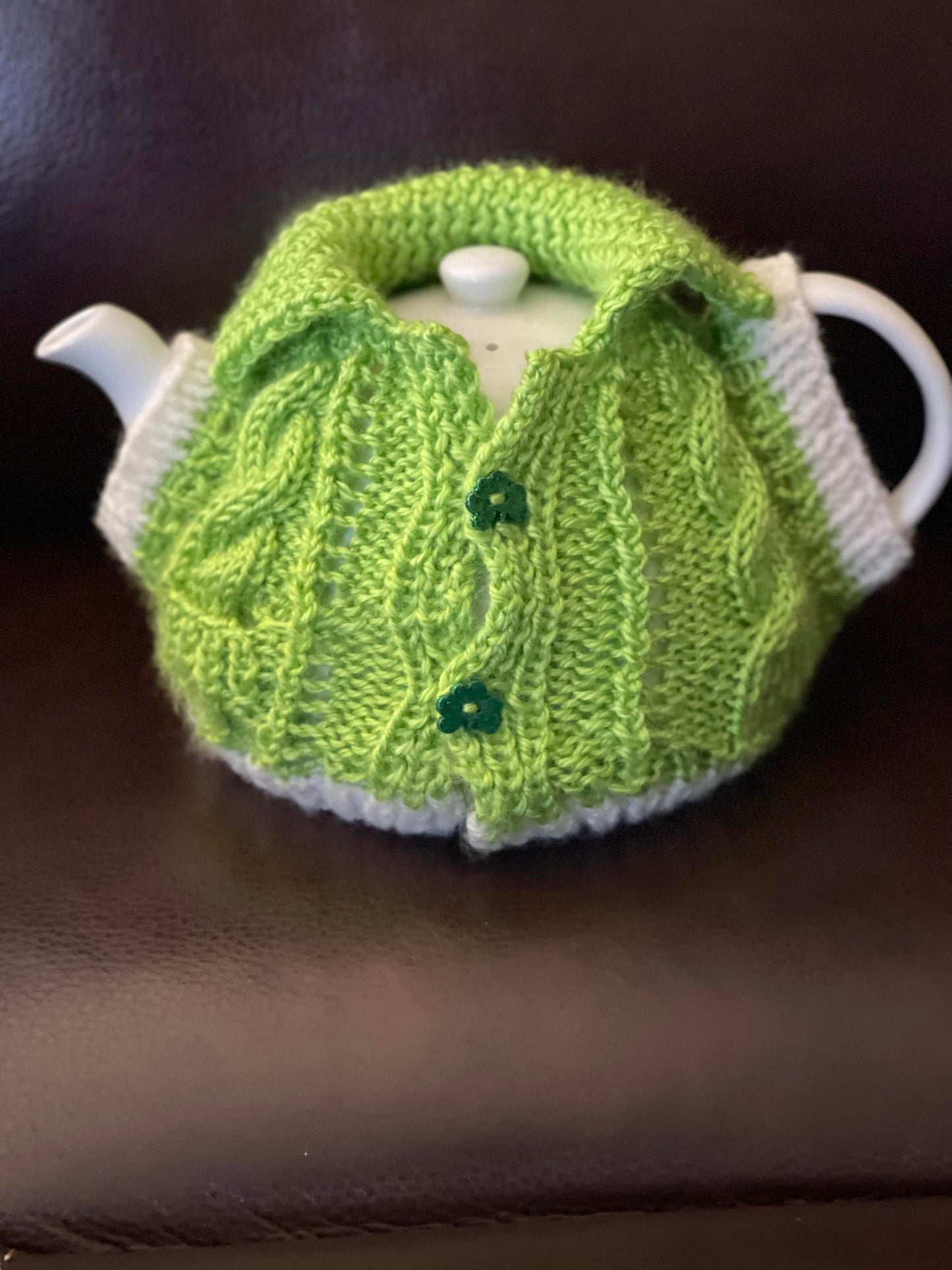 Tea Pot Cozy Green Sweater with pocket and Shamrock buttons