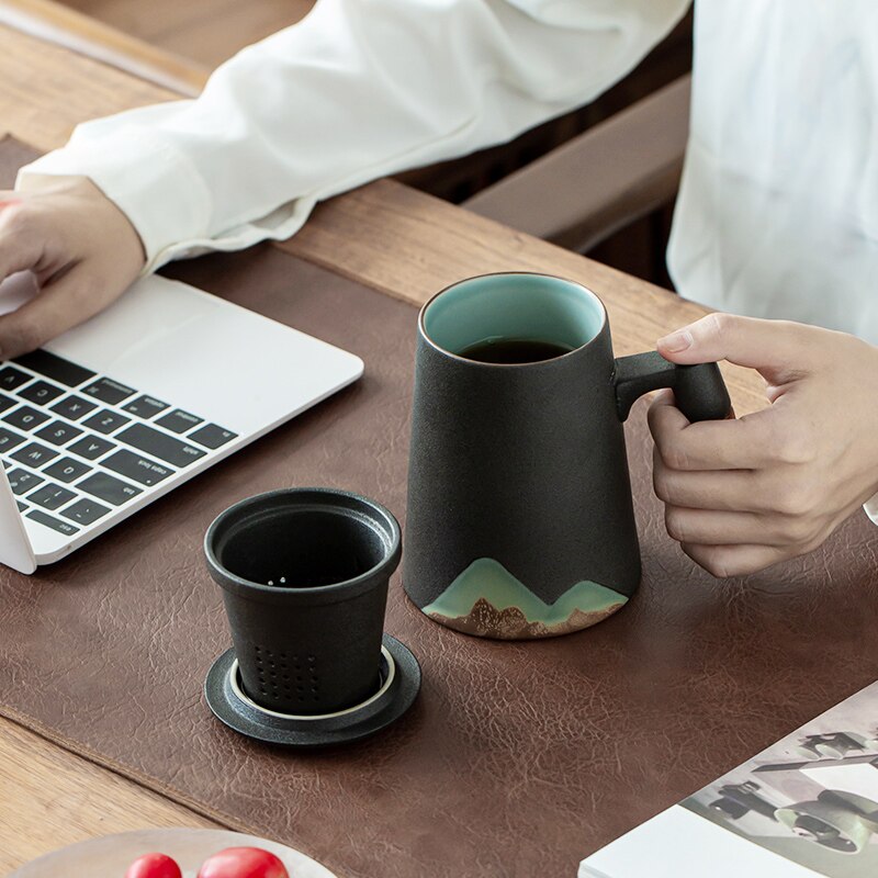 LUWU mountain design ceramic tea mugs with filter