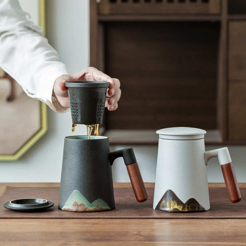 LUWU mountain design ceramic tea mugs with filter