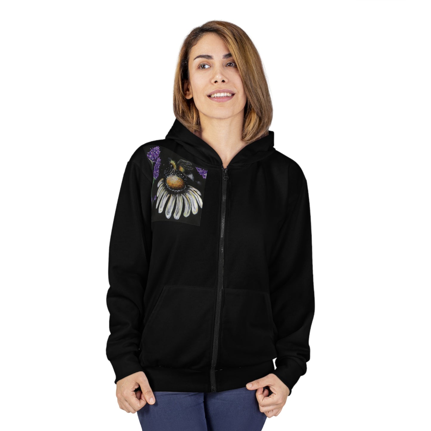 Excited Bee Unisex Zip Hoodie (AOP) Joyful Bee Series