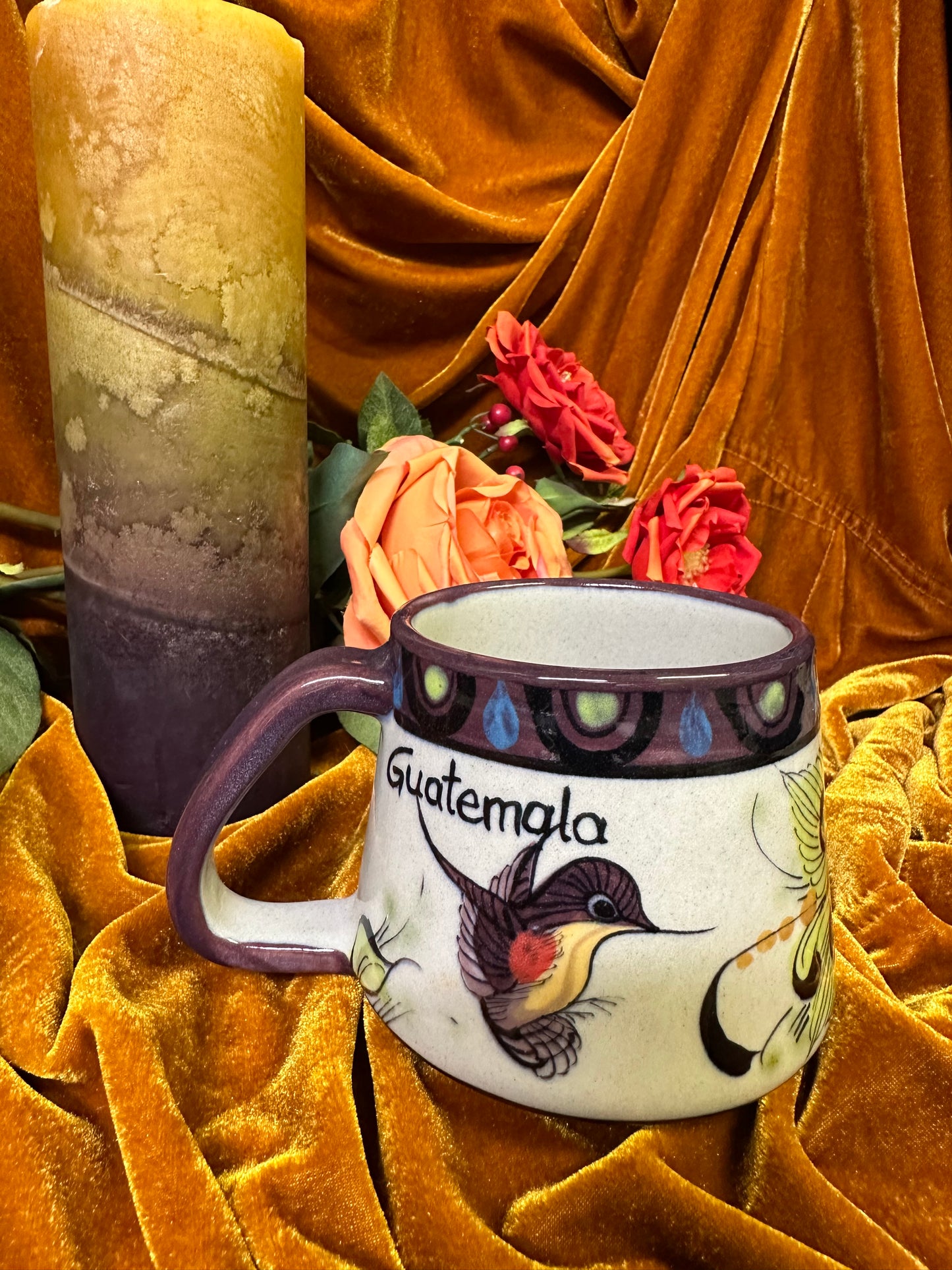 Guatemala Hummingbird Coffee Cup with purple rim