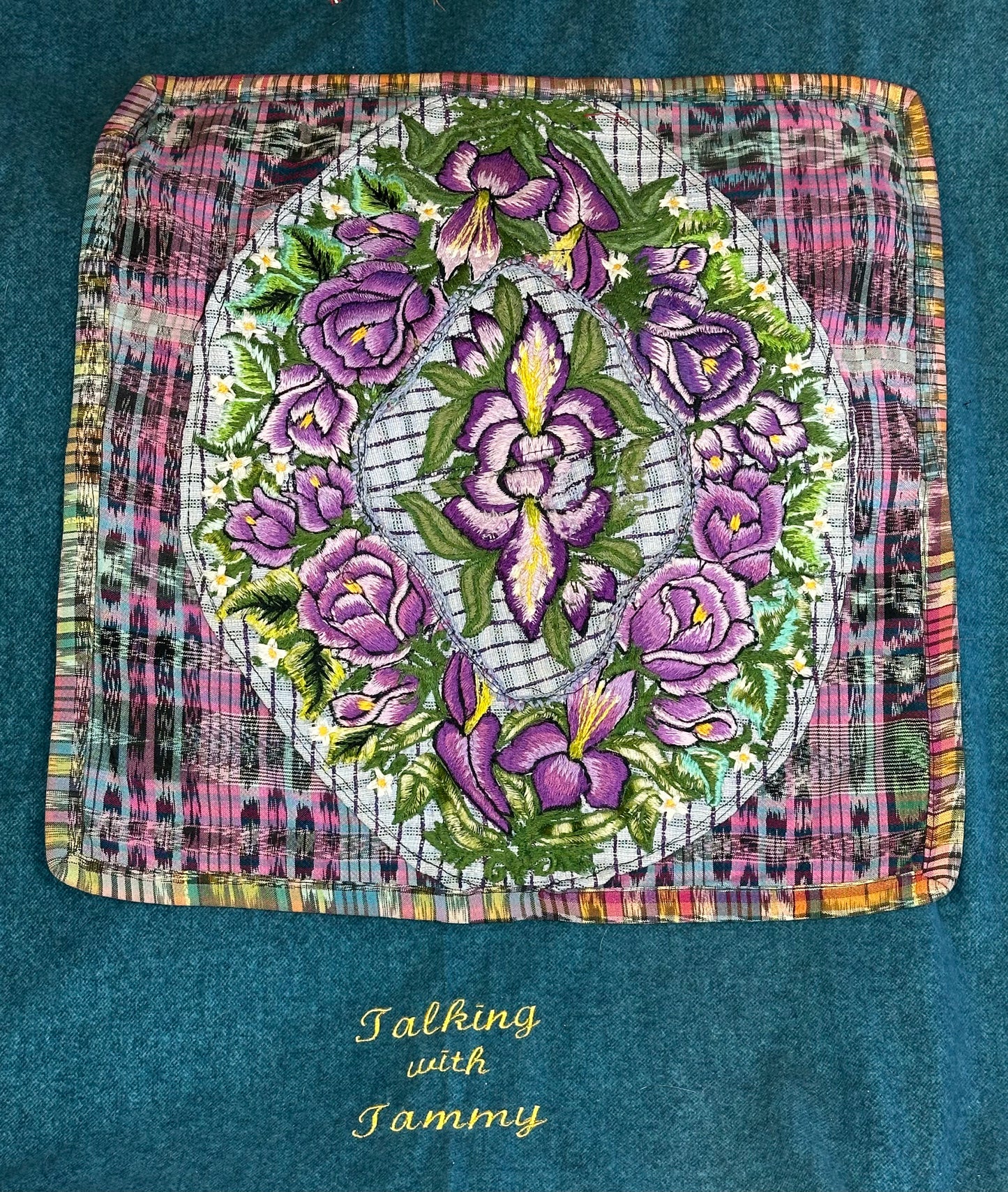 Guatemala Pillow Case: Handcrafted with Authentic Huipil from Santiago Atitlán 19” x 20” Pink and blue textile with hand embroidered purple flowers