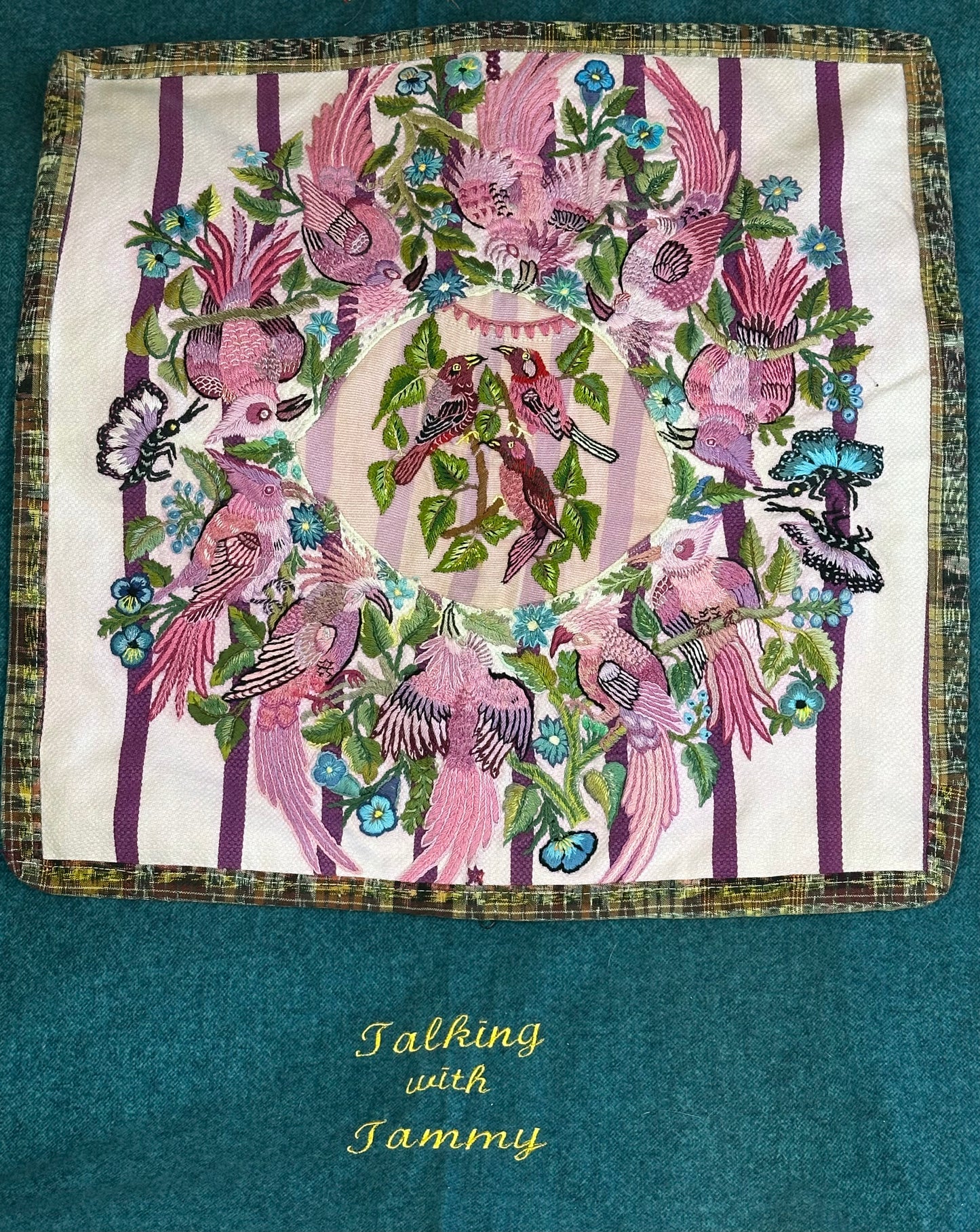 Guatemala Pillow Case: Handcrafted with Authentic Huipil from Santiago Atitlán 19” x 20” Pink and purple striped textile with hand embroidered Pink Quetzals Birds and butterflies.