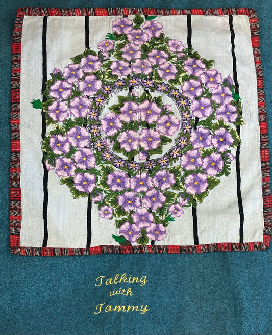 Guatemala Pillow Case: Handcrafted with Authentic Huipil from Santiago Atitlán 19” x 20” Grey and Black strip textile with hand embroidered pink and purple flowers