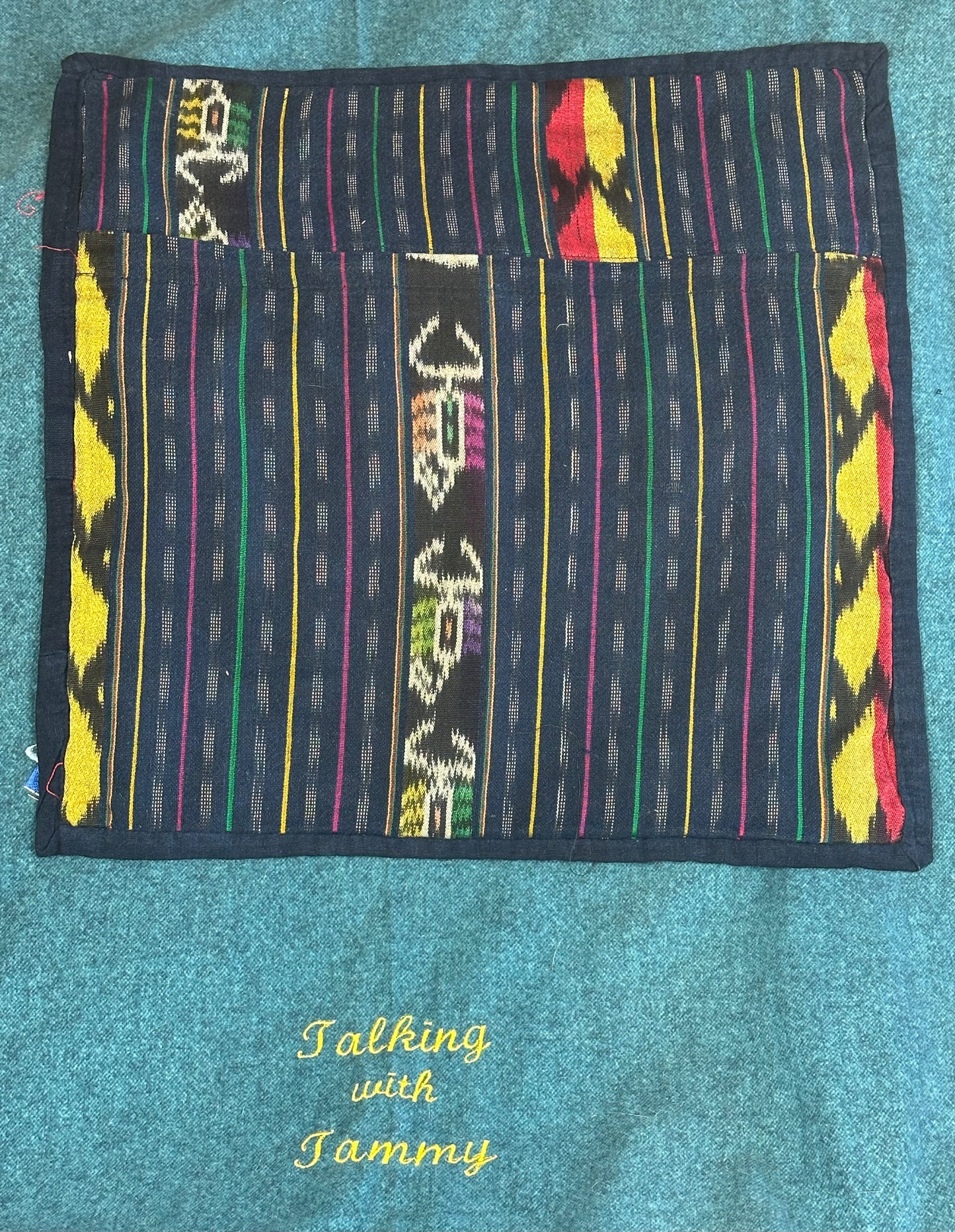 Guatemala Pillow Case: Handcrafted with Authentic Guatemala textiles from Santiago Atitlán 19” x 20” Blue patches with hand embroider patches