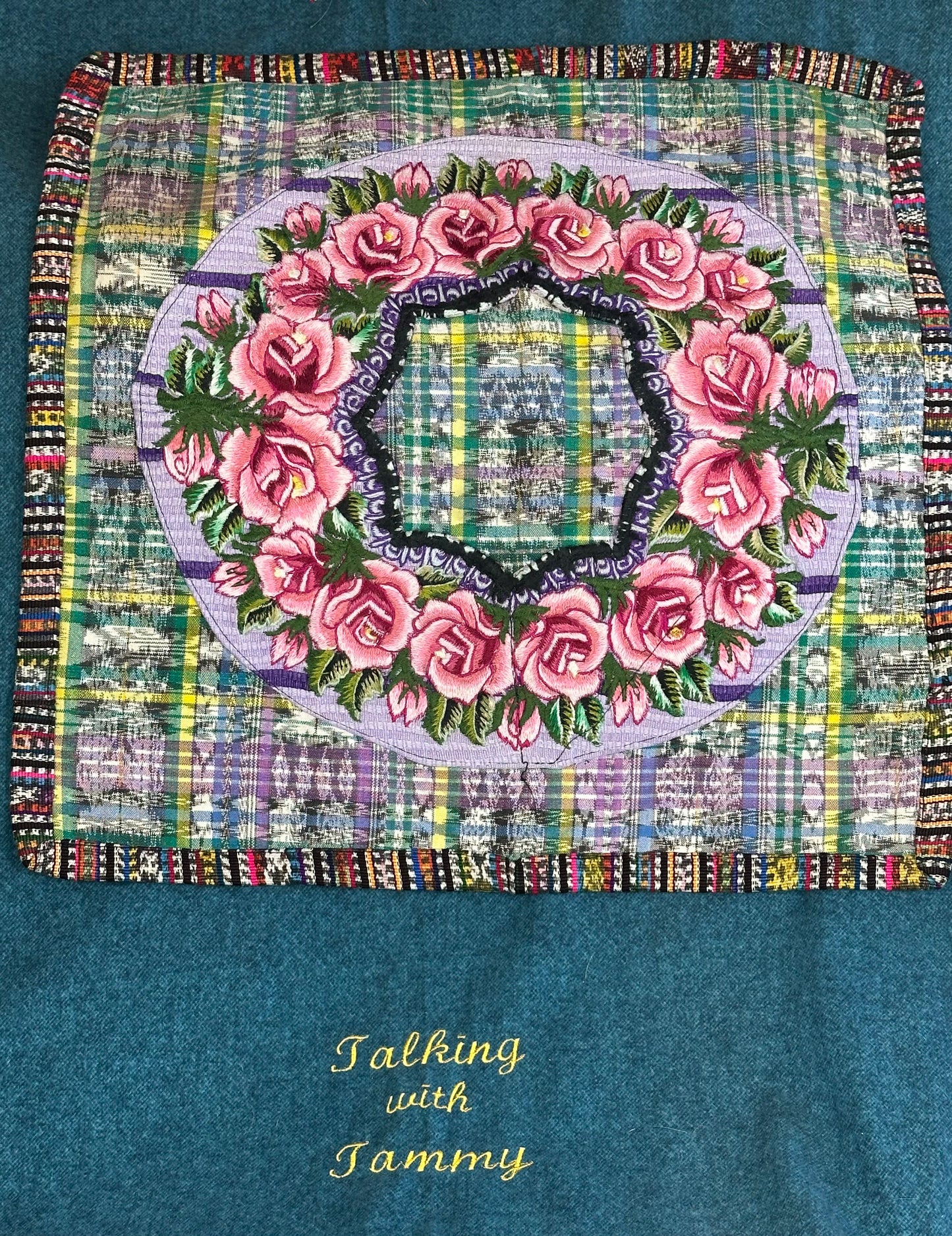 Guatemala Pillow Case: Handcrafted with Authentic Huipil from Santiago Atitlán 19” x 20” Green and Pink Checkered textile with pink roses