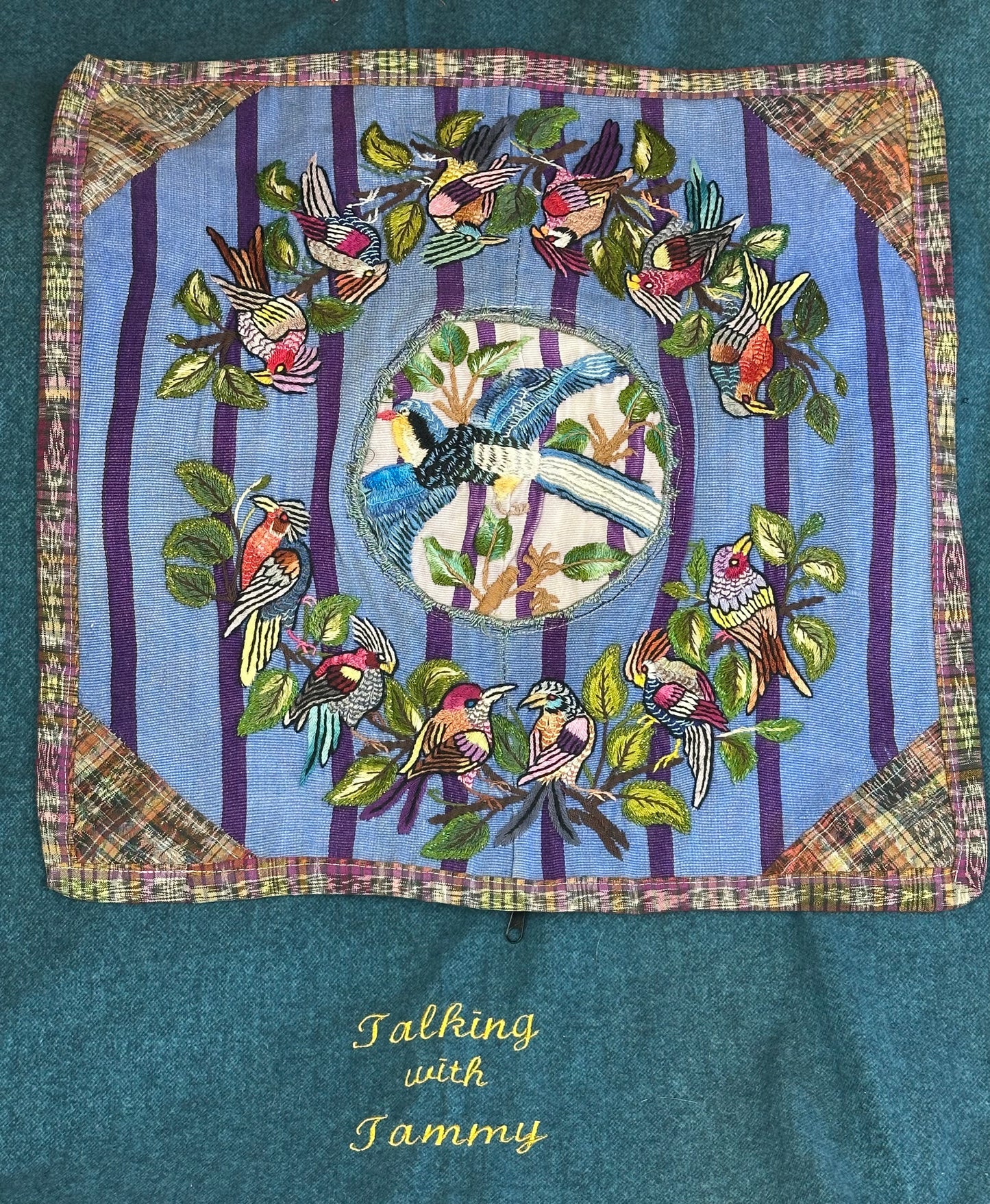 Guatemala Pillow Case: Handcrafted with Authentic Huipil from Santiago Atitlán 19” x 20” Blue and purple striped textile with hand embroidered birds