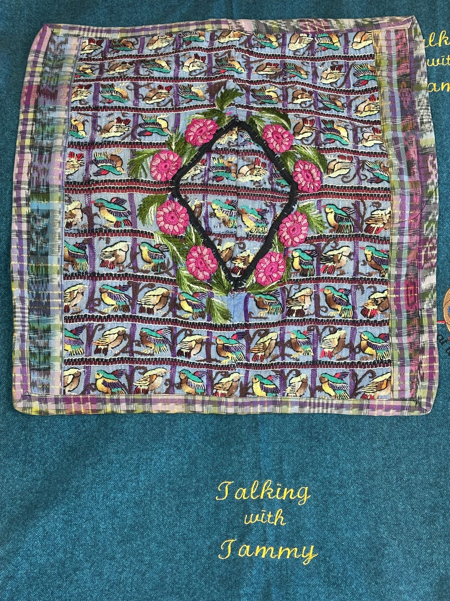 Guatemala Pillow Case: Handcrafted with Authentic Huipil from Santiago Atitlán 19” x 20”Patches of Birds and pink flowers