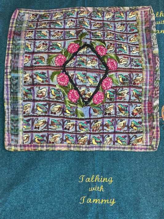 Guatemala Pillow Case: Handcrafted with Authentic Huipil from Santiago Atitlán 19” x 20”Patches of Birds and pink flowers