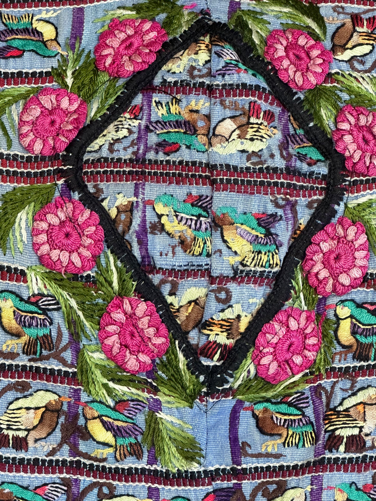 Guatemala Pillow Case: Handcrafted with Authentic Huipil from Santiago Atitlán 19” x 20”Patches of Birds and pink flowers