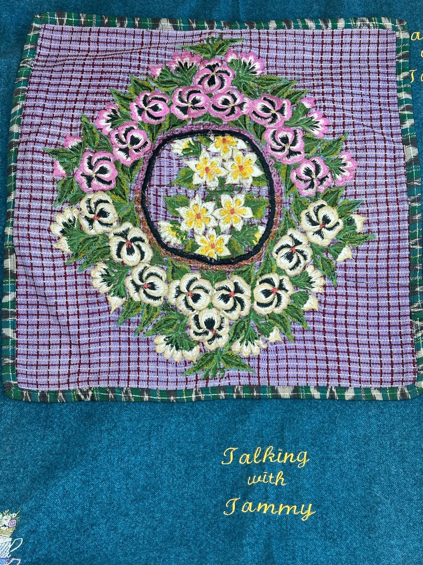 Guatemala Pillow Case: Handcrafted with Authentic Huipil from Santiago Atitlán 19” x 20” Pink and White Flowers on Purple Checkered print