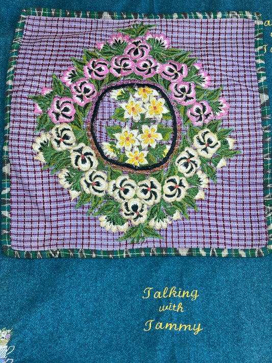 Guatemala Pillow Case: Handcrafted with Authentic Huipil from Santiago Atitlán 19” x 20” Pink and White Flowers on Purple Checkered print