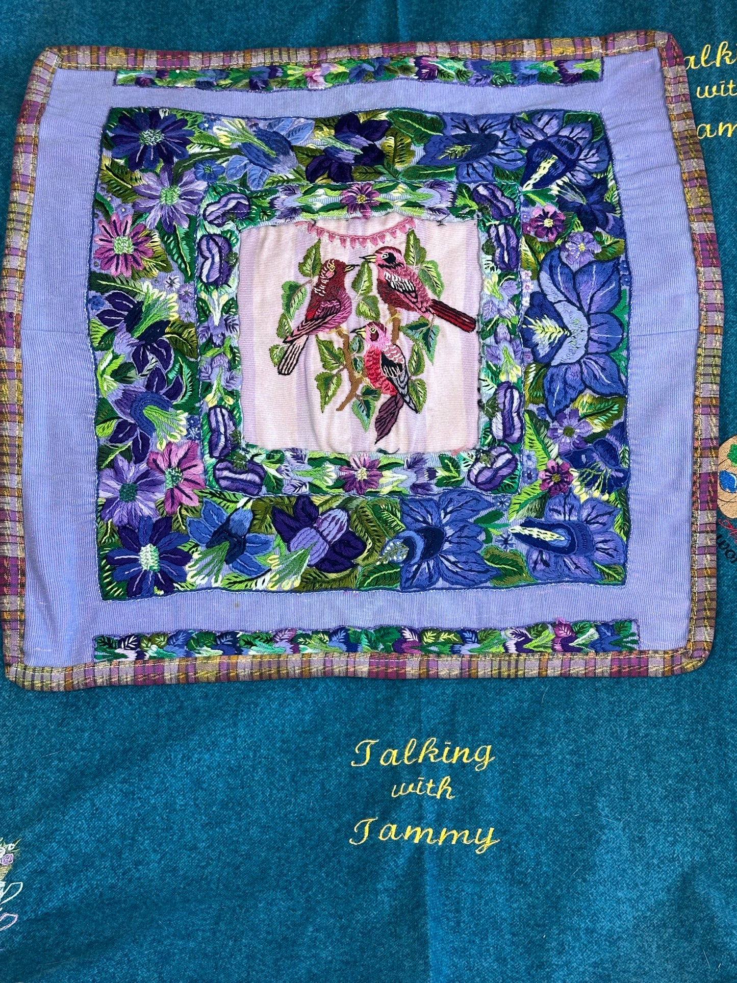 Guatemala Pillow Case: Handcrafted with Authentic Huipil from Santiago Atitlán 19” x 20” Purple flowers with pink birds