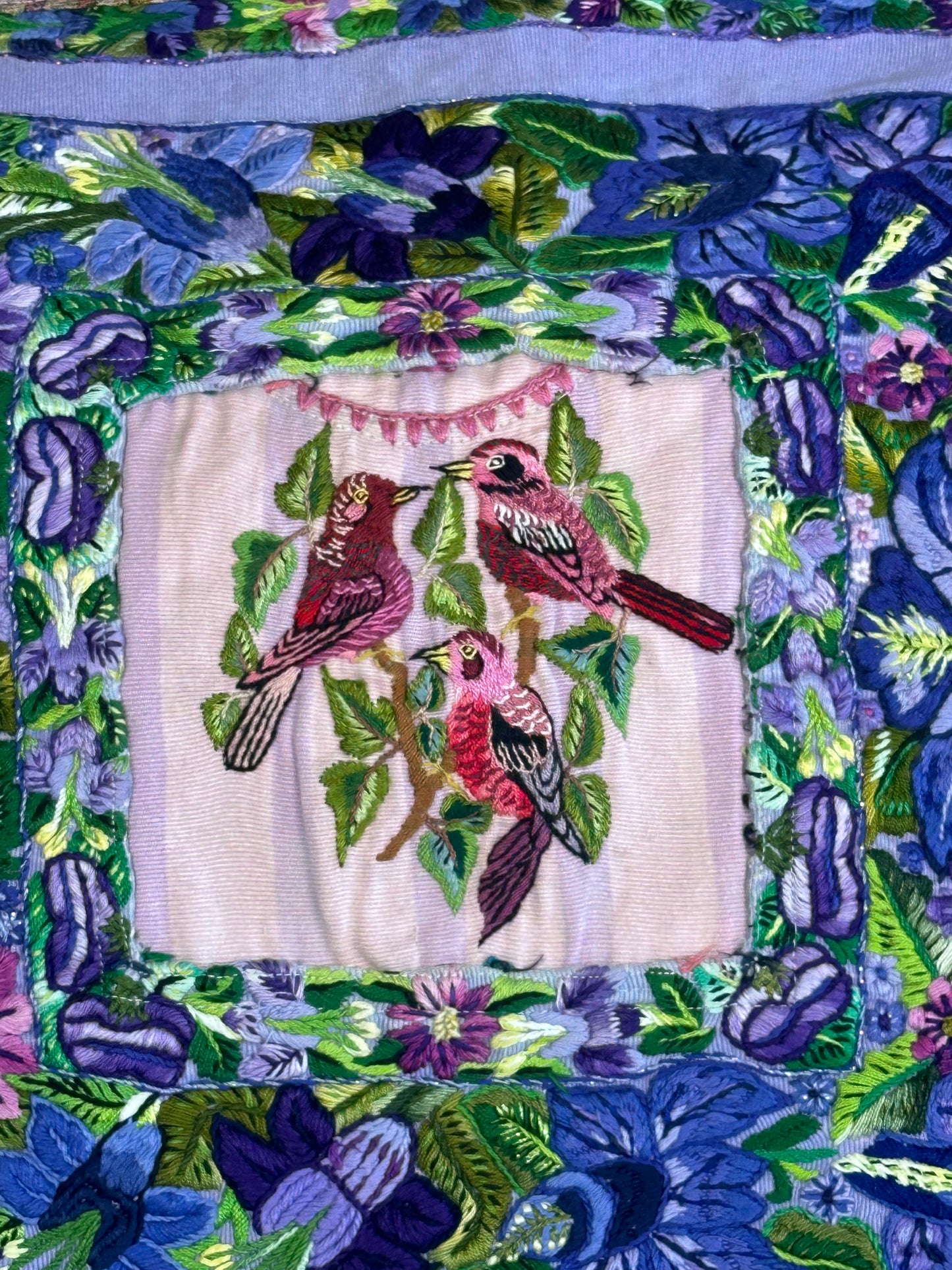 Guatemala Pillow Case: Handcrafted with Authentic Huipil from Santiago Atitlán 19” x 20” Purple flowers with pink birds