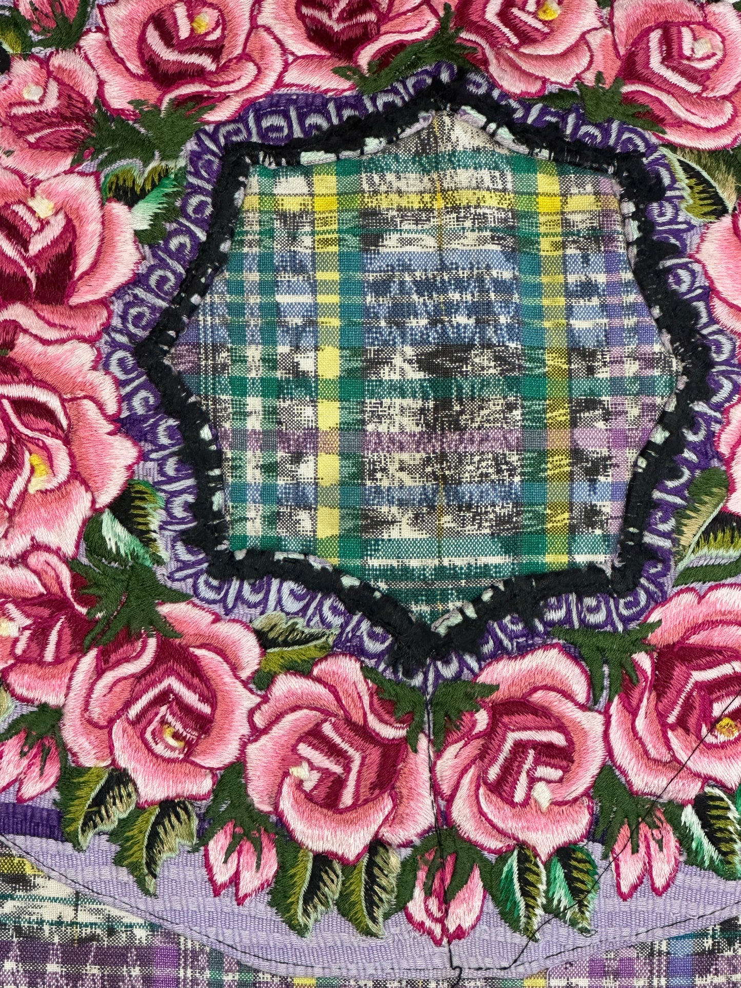 Guatemala Pillow Case: Handcrafted with Authentic Huipil from Santiago Atitlán 19” x 20” Green and Pink Checkered textile with pink roses