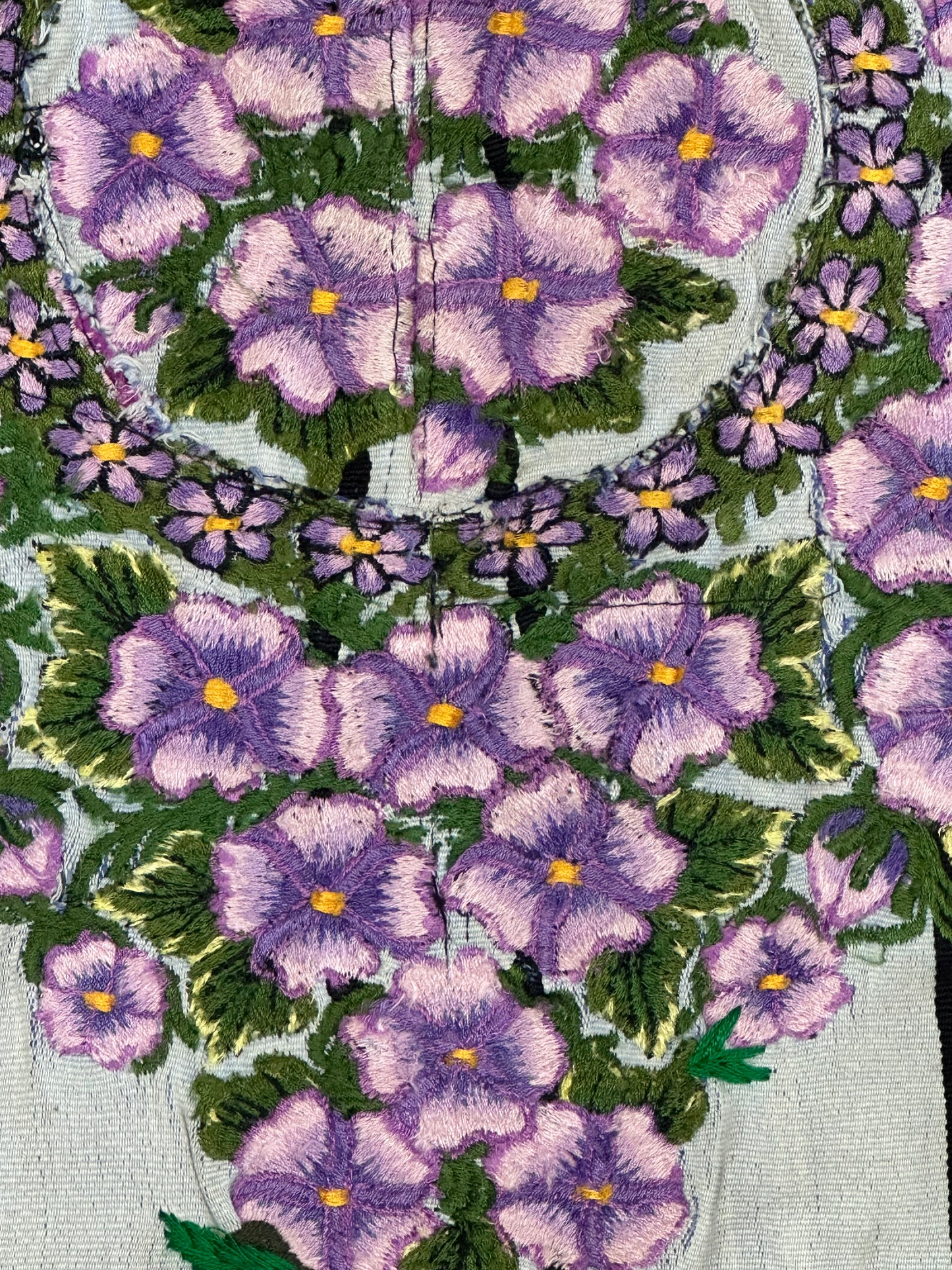 Guatemala Pillow Case: Handcrafted with Authentic Huipil from Santiago Atitlán 19” x 20” Grey and Black strip textile with hand embroidered pink and purple flowers