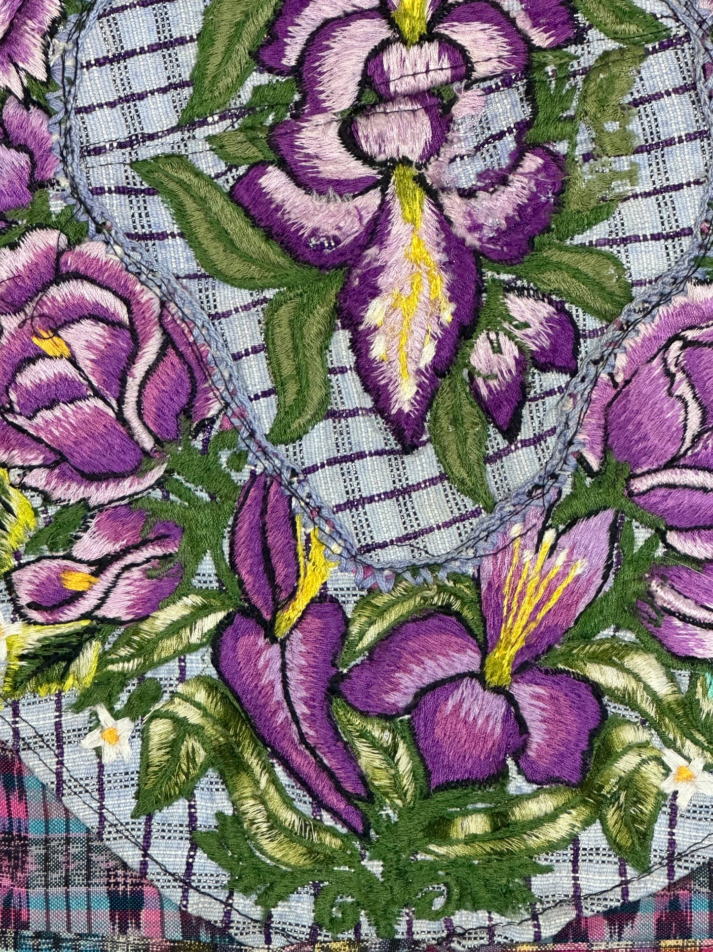 Guatemala Pillow Case: Handcrafted with Authentic Huipil from Santiago Atitlán 19” x 20” Pink and blue textile with hand embroidered purple flowers