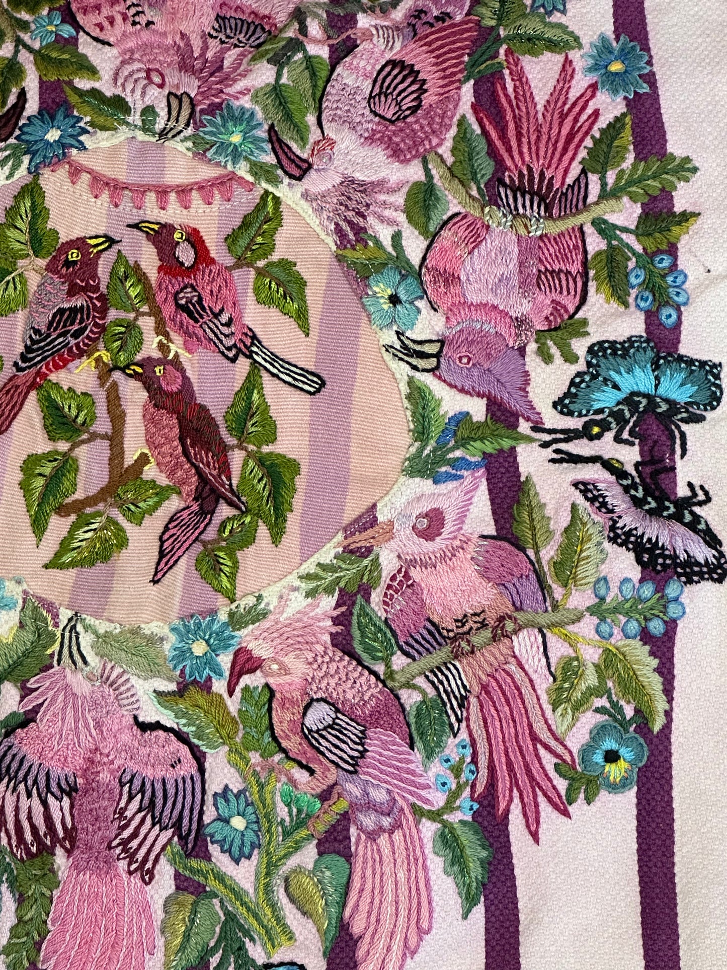 Guatemala Pillow Case: Handcrafted with Authentic Huipil from Santiago Atitlán 19” x 20” Pink and purple striped textile with hand embroidered Pink Quetzals Birds and butterflies.