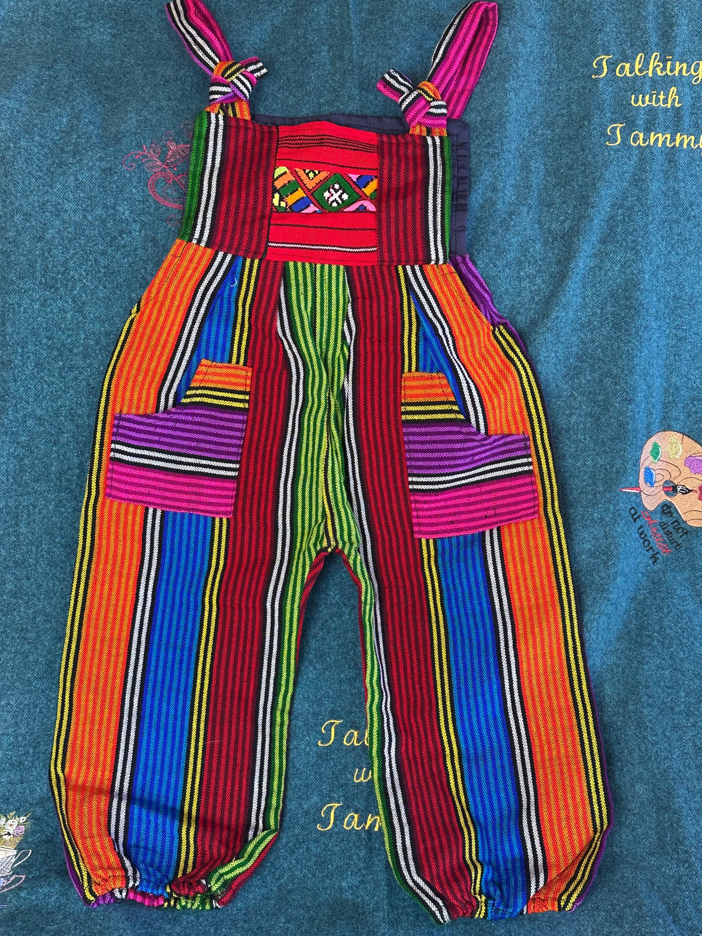 Vibrant Kids Overalls from Lake Atitlan, Guatemala Size 4 Rainbow striped