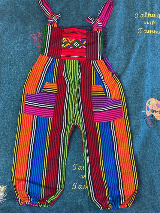 Vibrant Kids Overalls from Lake Atitlan, Guatemala Size 4 Rainbow striped