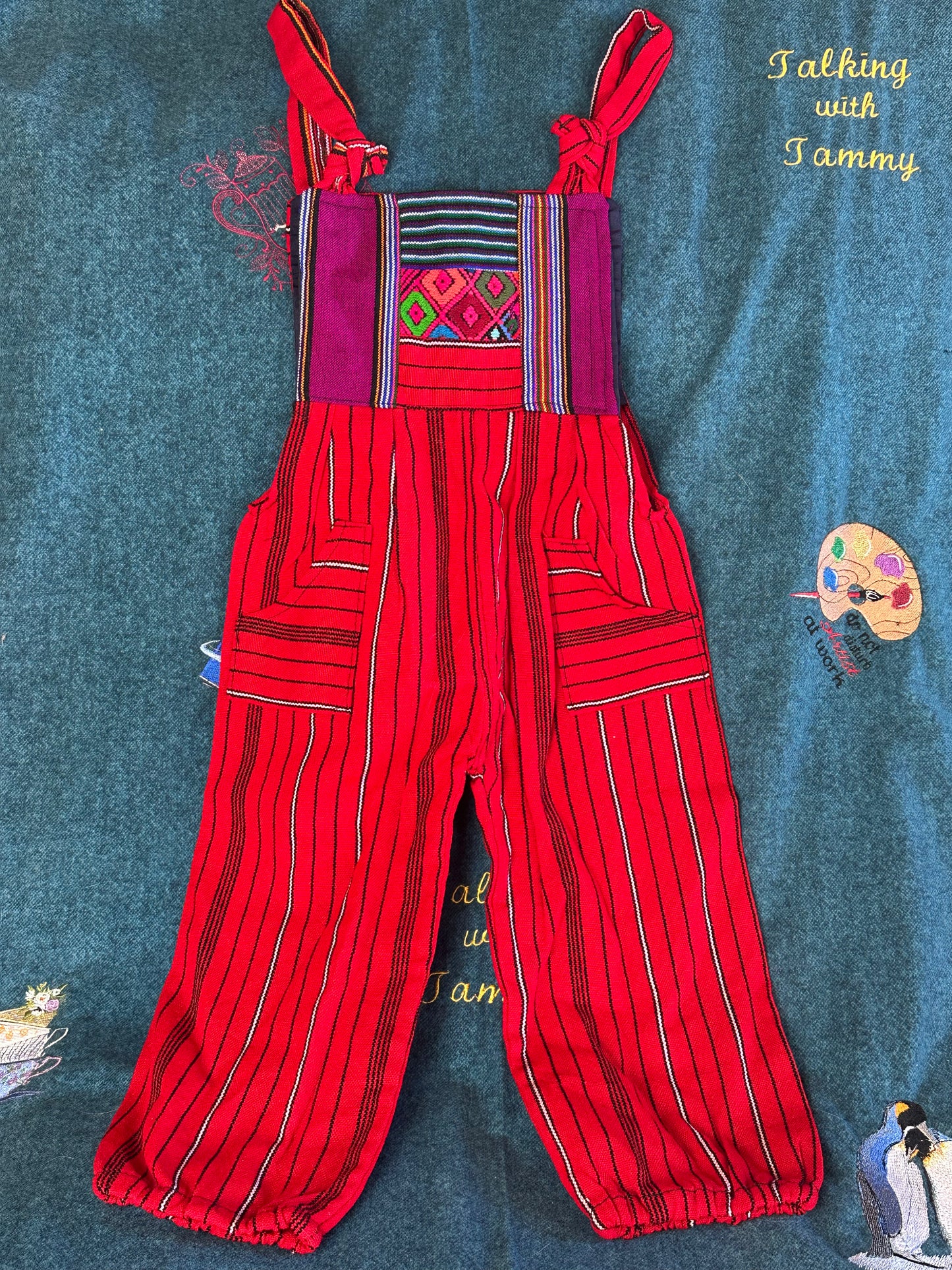 Vibrant Kids Overalls from Lake Atitlan, Guatemala Size 4 Red and black strips with purple and red top