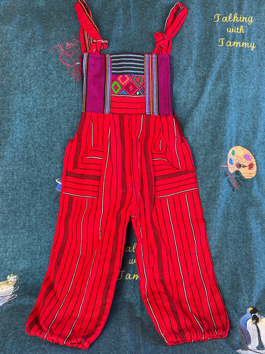 Vibrant Kids Overalls from Lake Atitlan, Guatemala Size 4 Red and black strips with purple and red top