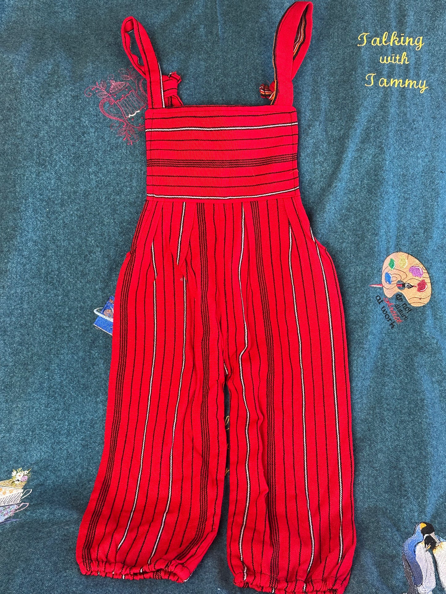 Vibrant Kids Overalls from Lake Atitlan, Guatemala Size 4 Red and black strips with purple and red top