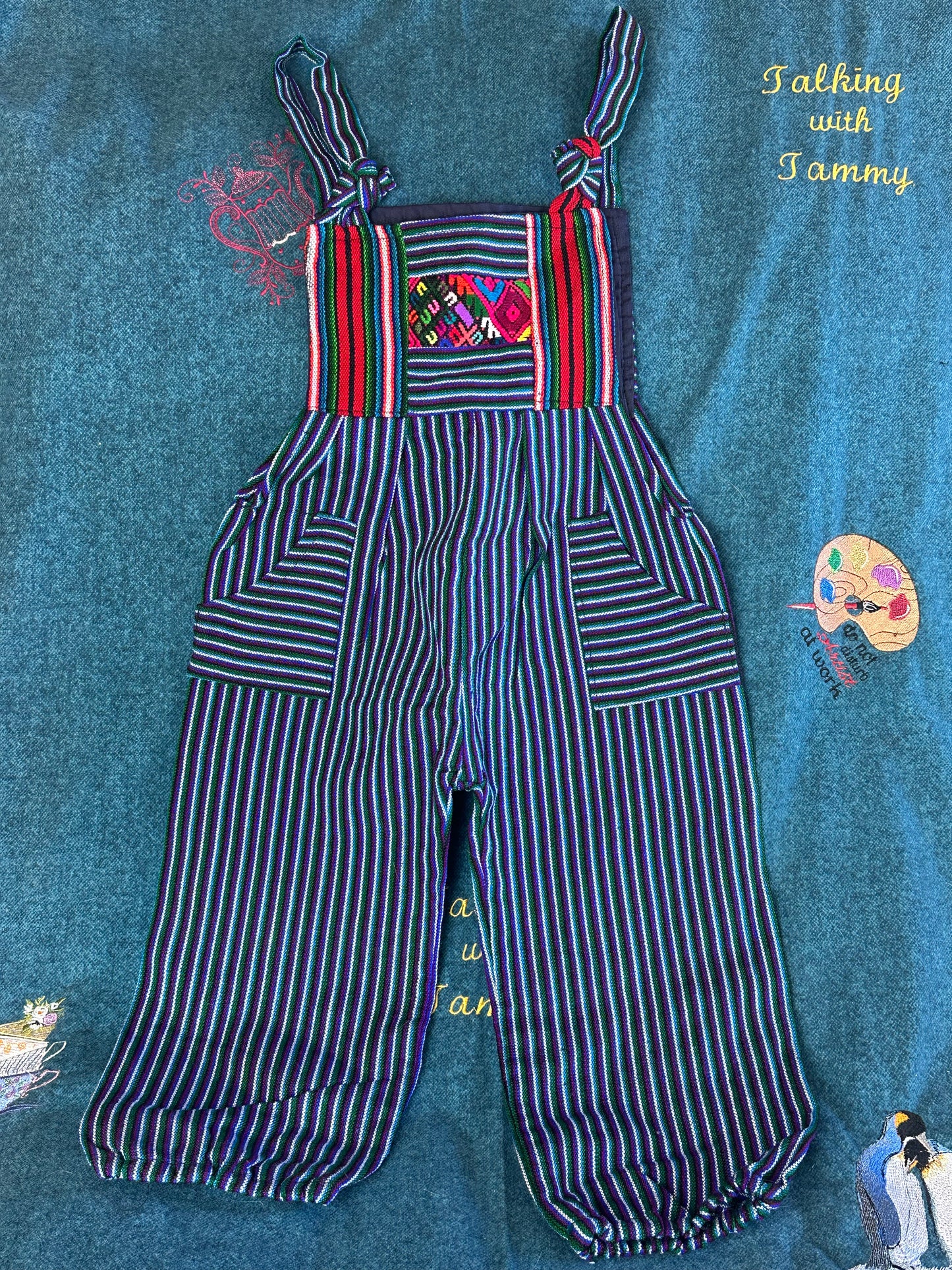 Vibrant Kids Overalls from Lake Atitlan, Guatemala Size 4 Purple and green striped with rainbow top