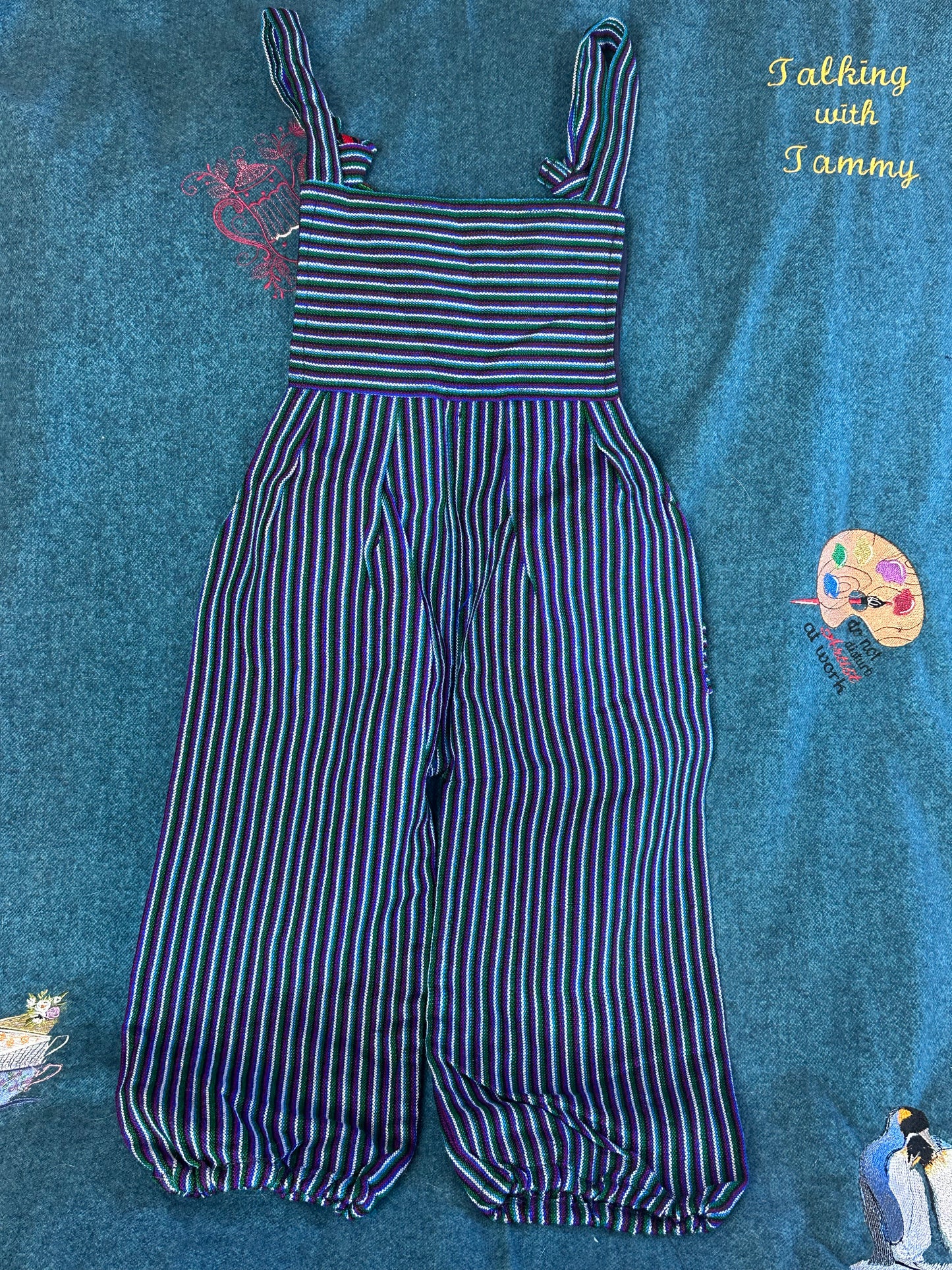 Vibrant Kids Overalls from Lake Atitlan, Guatemala Size 4 Purple and green striped with rainbow top