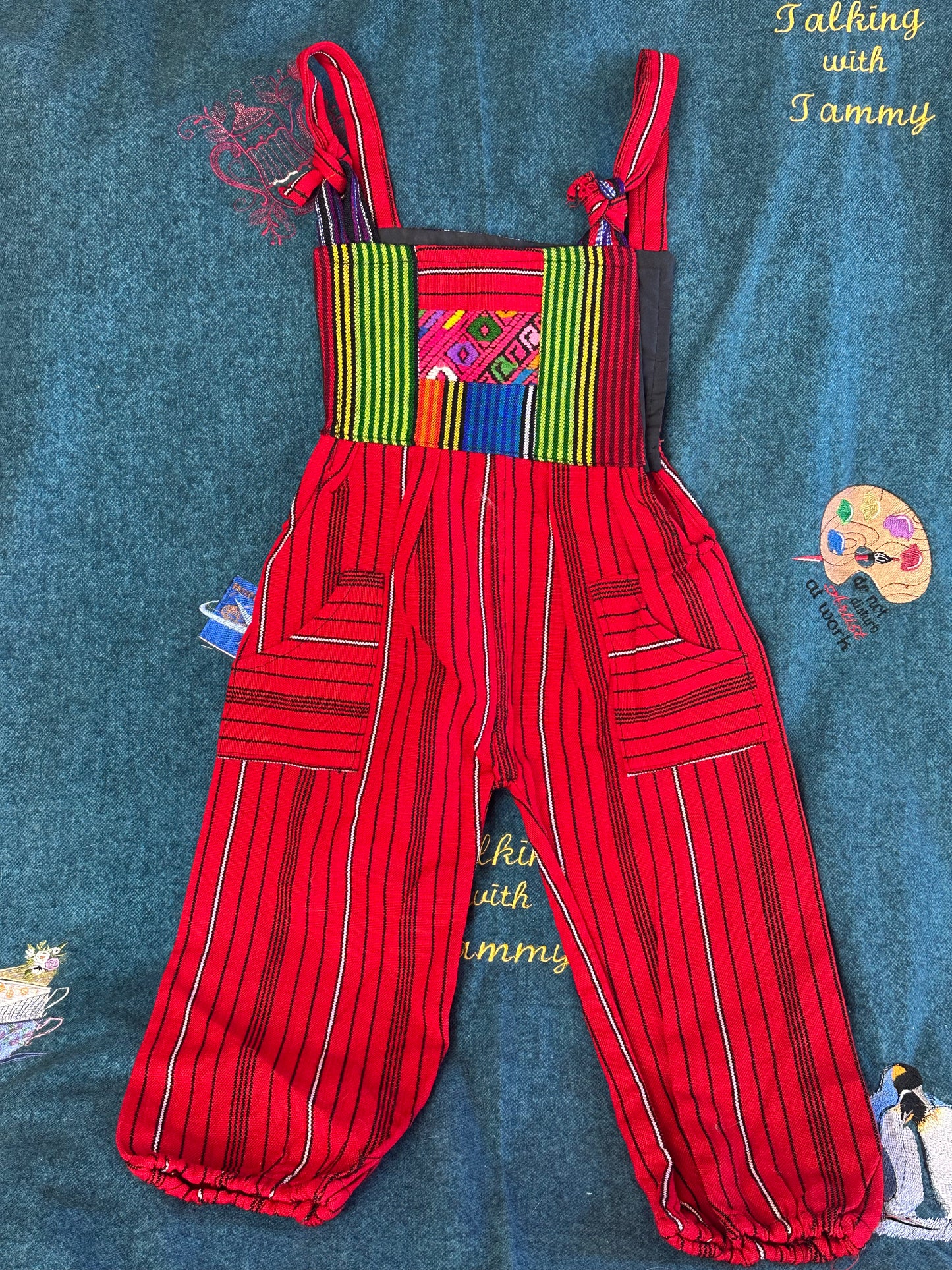 Vibrant Kids Overalls from Lake Atitlan, Guatemala Size 4 Red and black strips with rainbow strip top