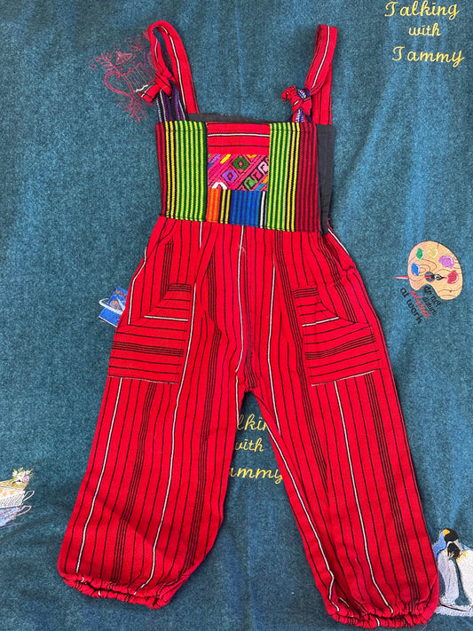 Vibrant Kids Overalls from Lake Atitlan, Guatemala Size 4 Red and black strips with rainbow strip top