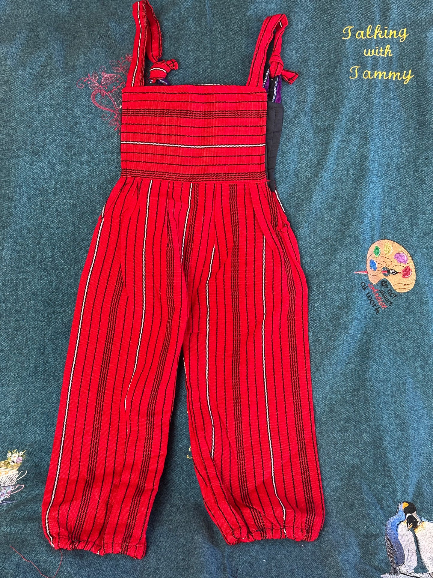 Vibrant Kids Overalls from Lake Atitlan, Guatemala Size 4 Red and black strips with rainbow strip top