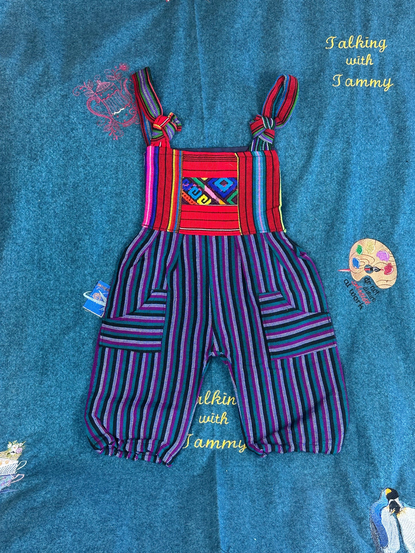 Vibrant Kids Overalls from Lake Atitlan, Guatemala Size 1 Black, green and purple striped  with rainbow top