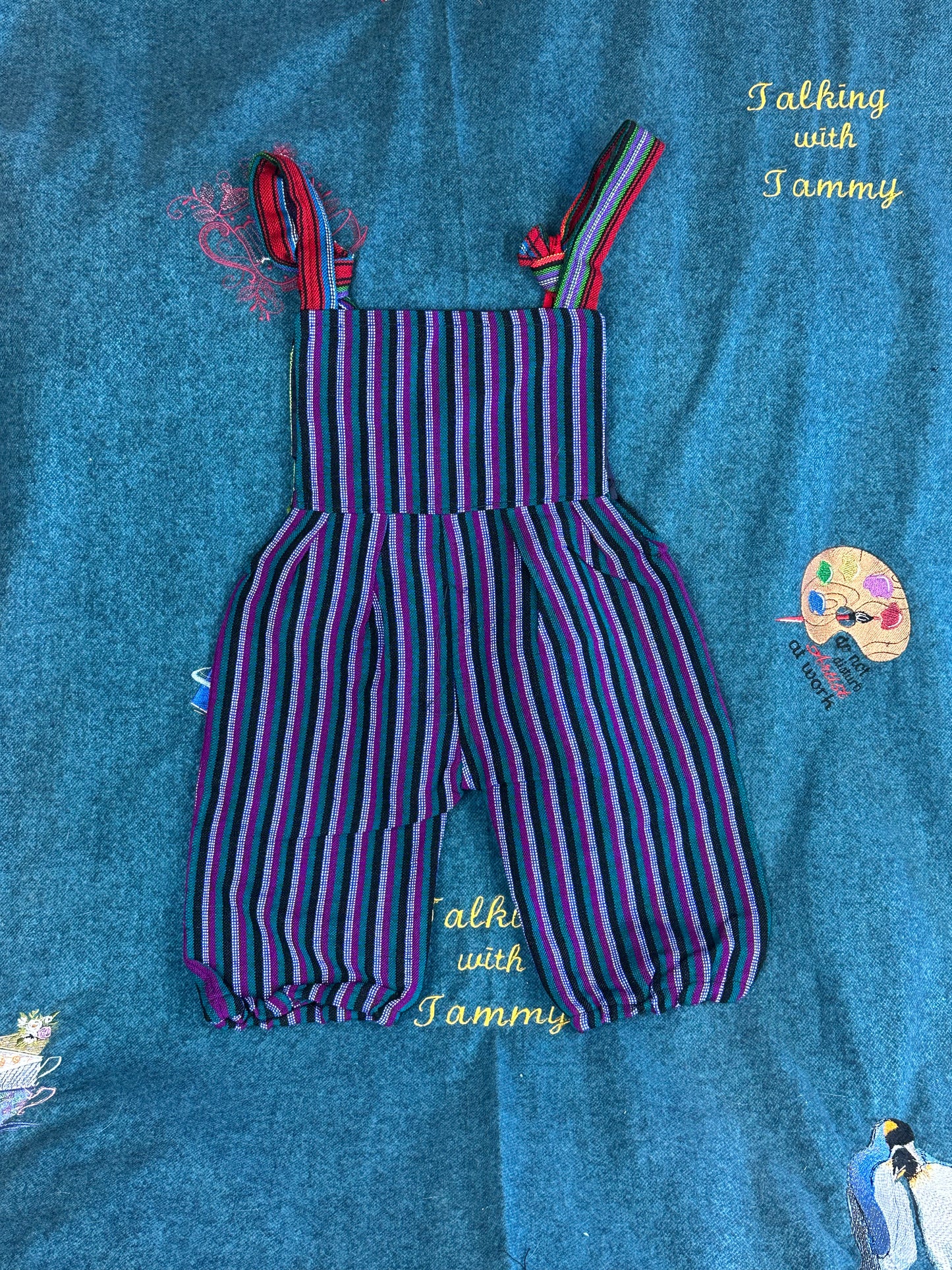 Vibrant Kids Overalls from Lake Atitlan, Guatemala Size 1 Black, green and purple striped  with rainbow top