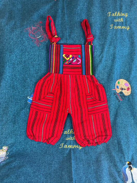 Vibrant Kids Overalls from Lake Atitlan, Guatemala Size 1 Red and Black Strip with rainbow top