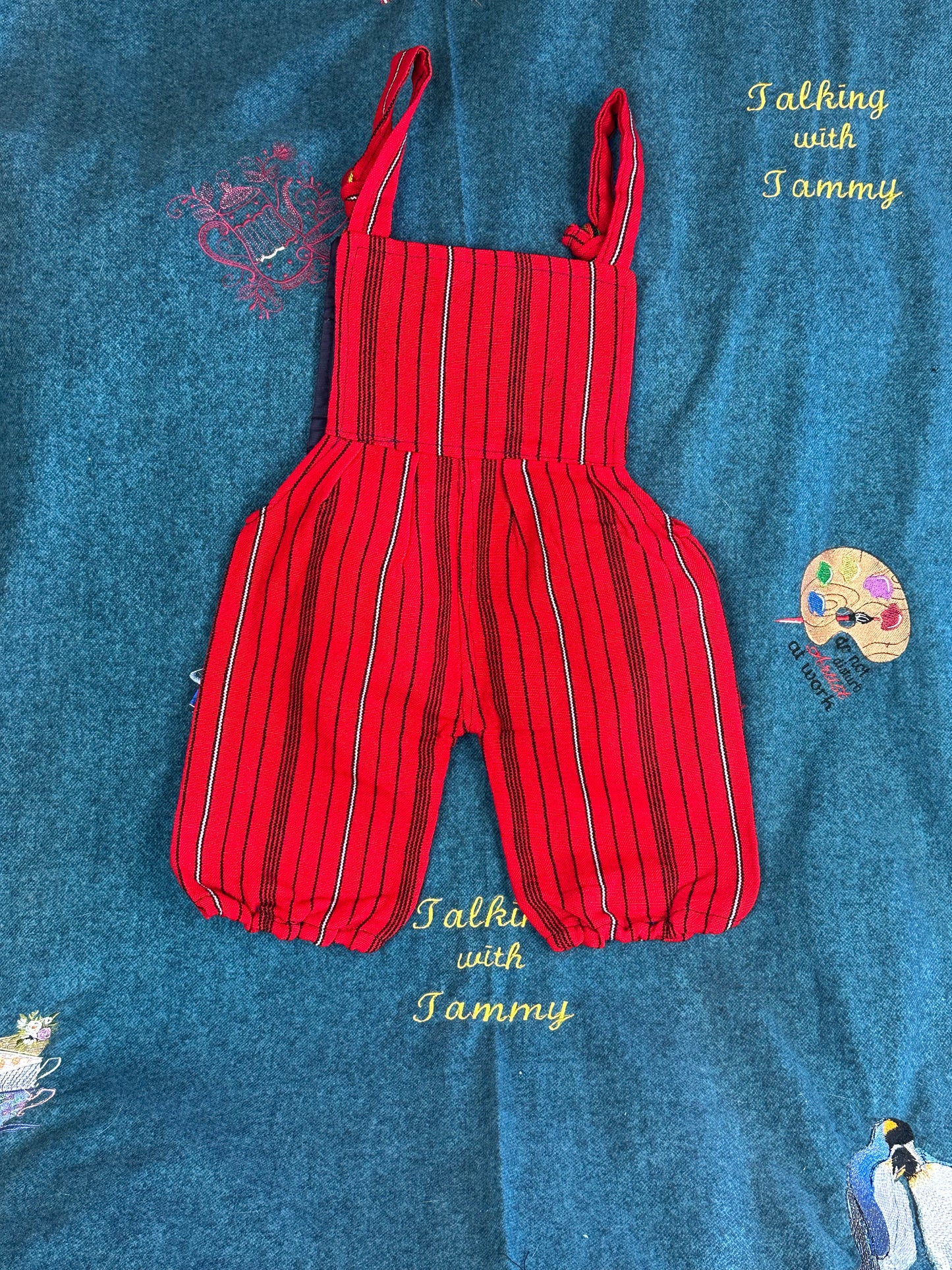 Vibrant Kids Overalls from Lake Atitlan, Guatemala Size 1 Red and Black Strip with rainbow top