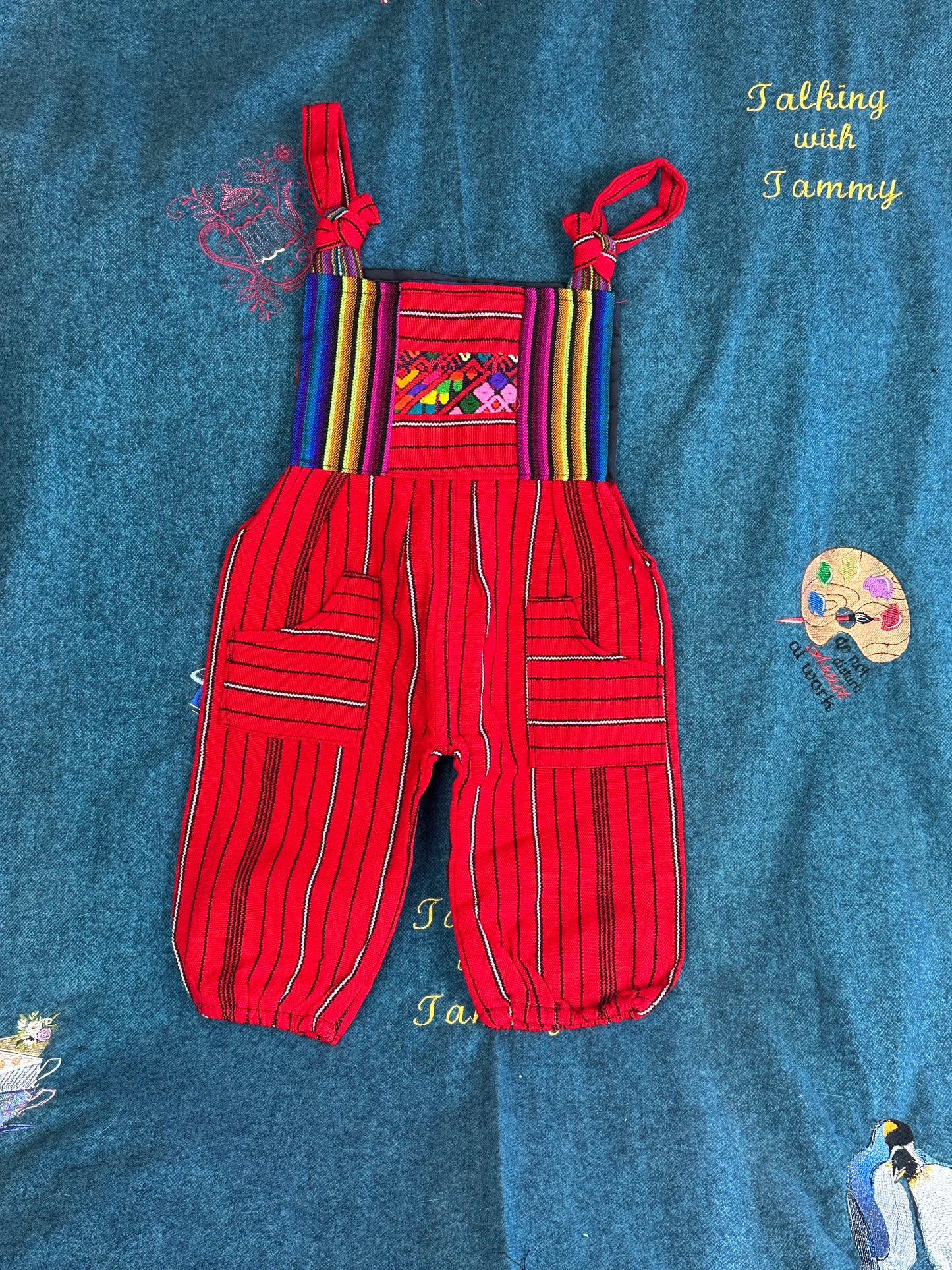 Vibrant Kids Overalls from Lake Atitlan, Guatemala Size 2 Red and Black strip with rainbow top