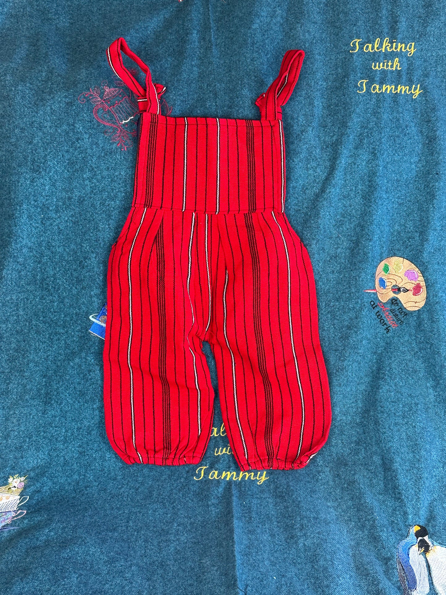 Vibrant Kids Overalls from Lake Atitlan, Guatemala Size 2 Red and Black strip with rainbow top