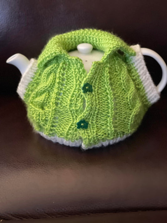 Tea Pot Cozy      Green Sweater with pocket and Shamrock buttons