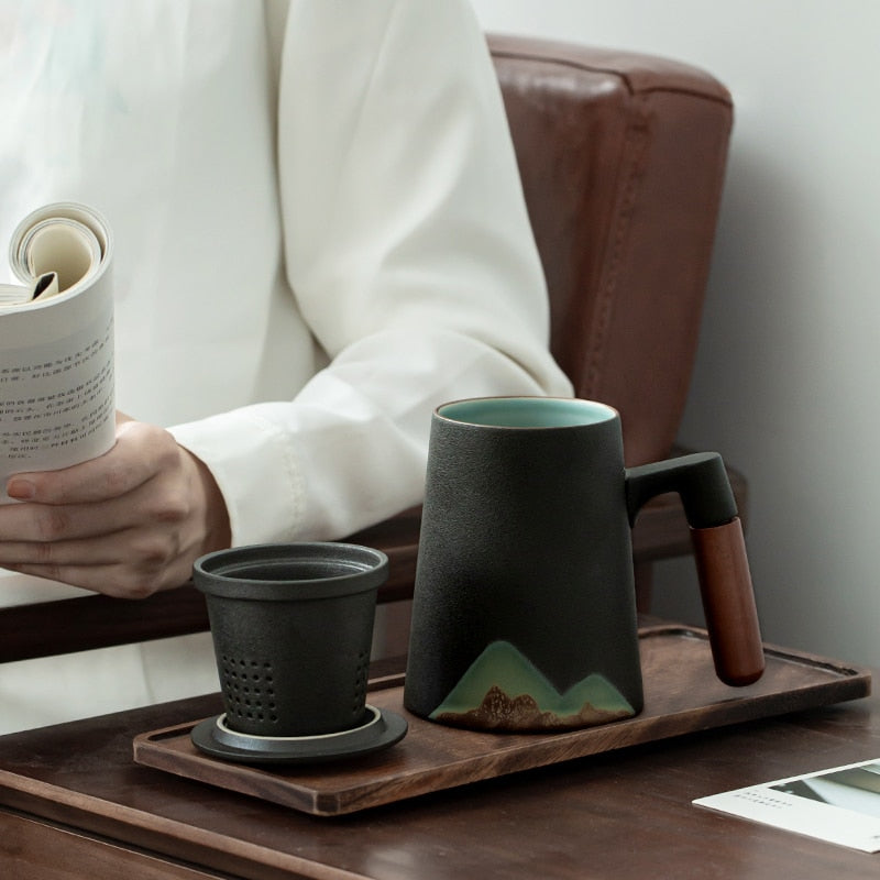 LUWU mountain design ceramic tea mugs with filter