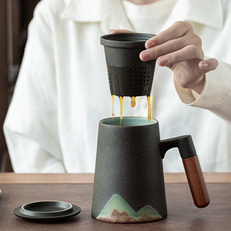 LUWU mountain design ceramic tea mugs with filter