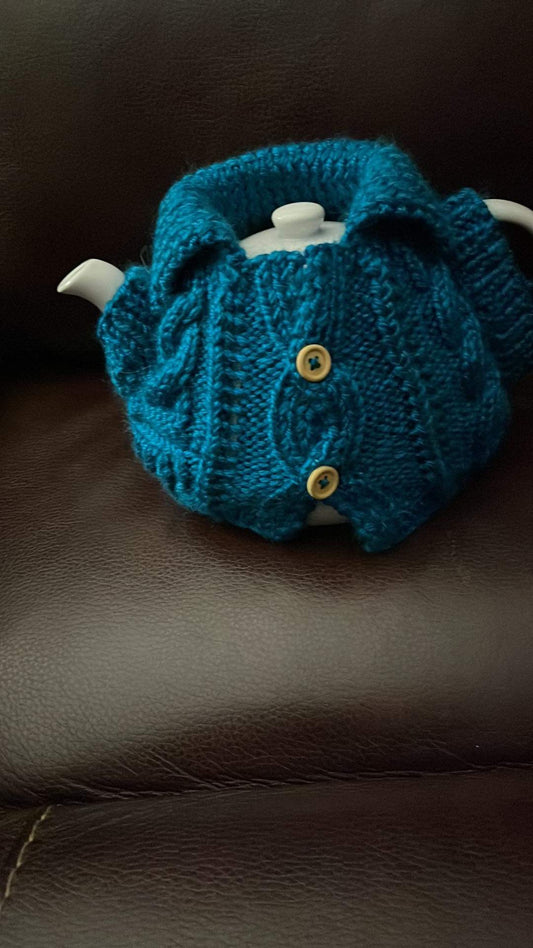 Tea Pot Cozy      Blue Sweater with pocket and buttons